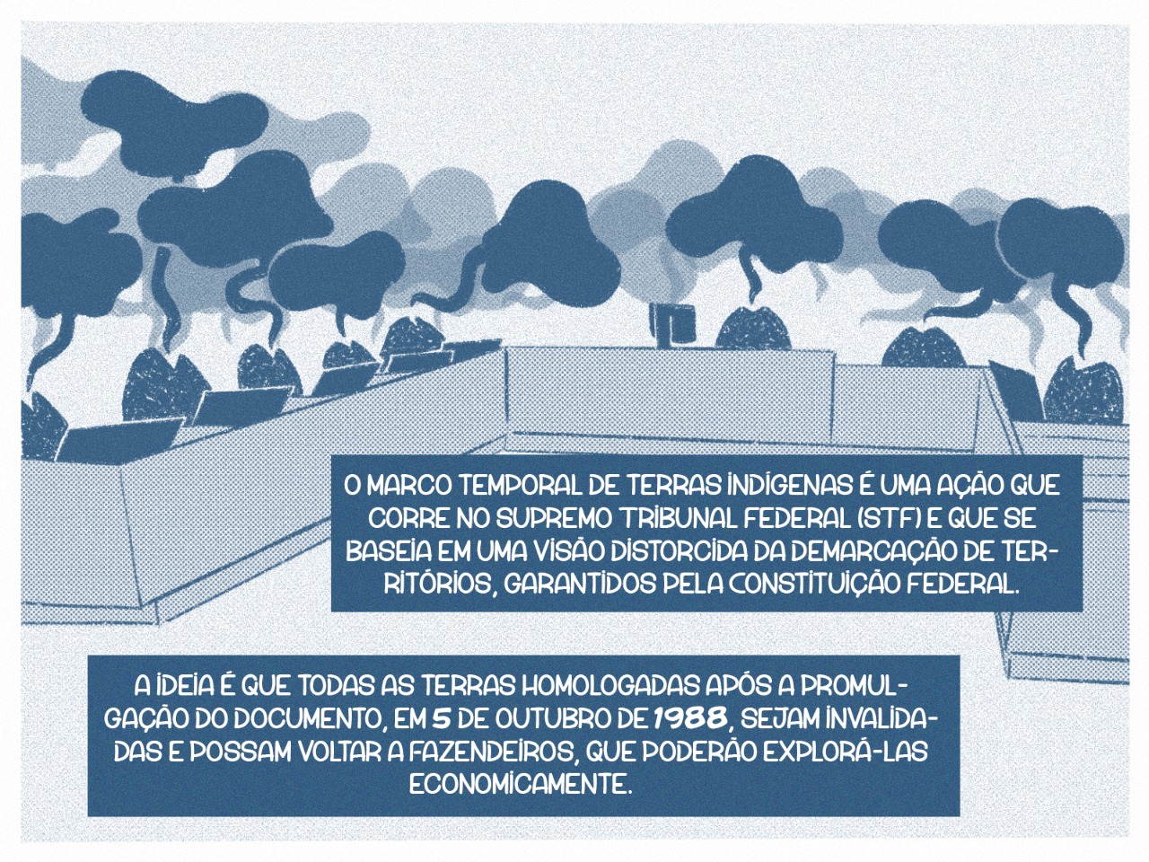 O marco temporal de terras indígenas é uma ação que corre no Supremo Tribunal Federal (STF) e que se baseia em uma visão distorcida da demarcação de territórios, garantidos pela Constituição Federal. A ideia é que todas as terras homologadas após a promulgação do documento, em 5 de outubro de 1988, sejam invalidadas e possam voltar a fazendeiros, que poderão explorá-las economicamente.