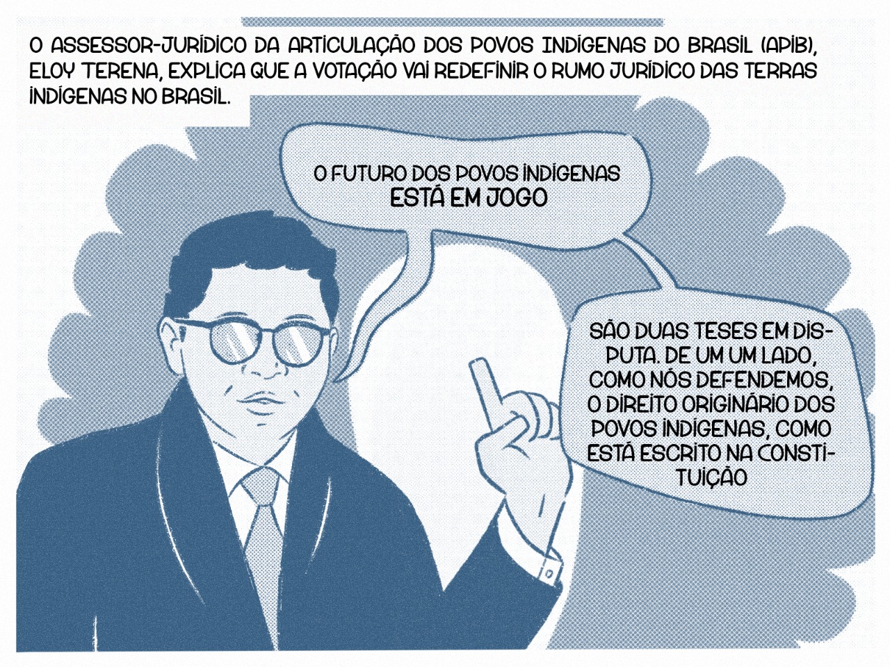 O assessor-jurídico da Articulação dos Povos Indígenas do Brasil (Apib), Eloy Terena, explica que a votação vai redefinir o rumo jurídico das terras indígenas no Brasil. Balão Eloy: “O futuro dos povos indígenas está em jogo”. “São duas teses em disputa. De um um lado, como nós defendemos, o direito originário dos povos indígenas, como está escrito na Constituição”.