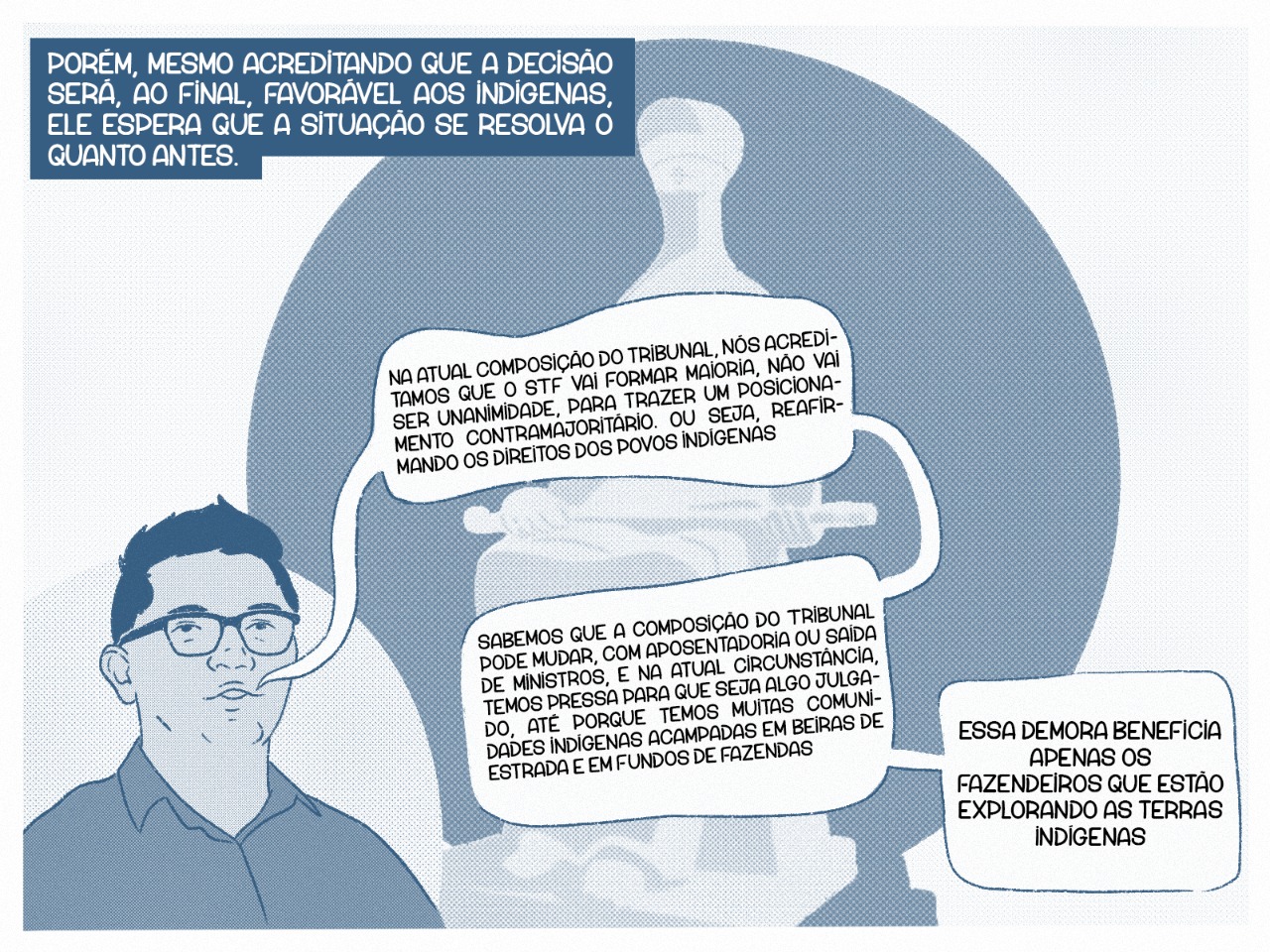 Porém, mesmo acreditando que a decisão será, ao final, favorável aos indígenas, ele espera que a situação se resolva o quanto antes. “Na atual composição do tribunal, nós acreditamos que o STF vai formar maioria, não vai ser unanimidade, para trazer um posicionamento contramajoritário. Ou seja, reafirmando os direitos dos povos indígenas”. “Sabemos que a composição do Tribunal pode mudar, com aposentadoria ou saída de ministros, e na atual circunstância, temos pressa para que seja algo julgado, até porque temos muitas comunidades indígenas acampadas em beiras de estrada e em fundos de fazendas”. “Essa demora beneficia apenas os fazendeiros que estão explorando as terras indígenas”.