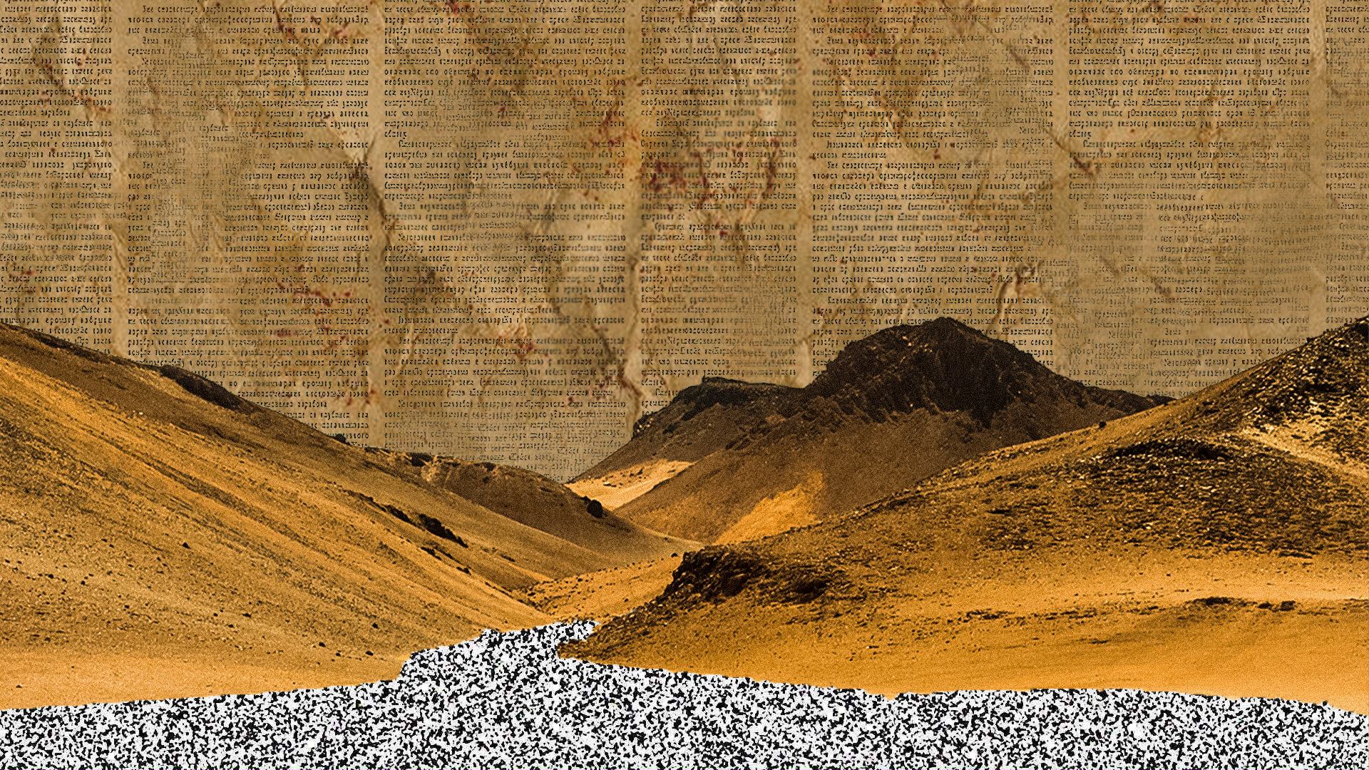 Na imagem, a colagem de um deserto em meio a páginas de jornal.