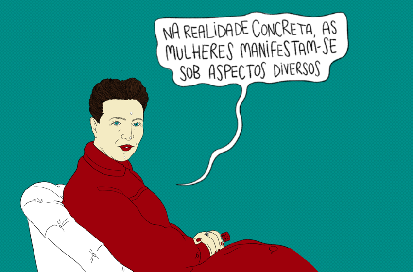Simone de Beauvoir falando "Na realidade concreta, mulheres manifestam-se sob aspectos diversos"