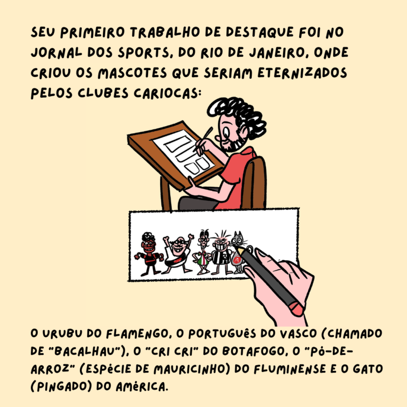 Seu primeiro trabalho de destaque foi no Jornal dos Sports, do Rio de Janeiro, onde criou os mascotes que seriam eternizados pelos clubes cariocas: O urubu do Flamengo, o português do Vasco (chamado de “Bacalhau”), o “cri cri” do Botafogo, o “pó-de-arroz” (espécie de mauricinho) do Fluminense e o gato (pingado) do América.