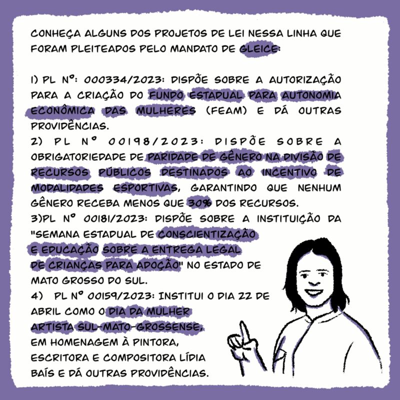 1) PL Nº: 000334/2023: Dispõe sobre a autorização para a criação do Fundo Estadual para Autonomia Econômica das Mulheres (FEAM) e dá outras providências. 2) PL Nº 00198/2023: Dispõe sobre a obrigatoriedade de paridade de gênero na divisão de recursos públicos destinados ao incentivo de modalidades esportivas, garantindo que nenhum gênero receba menos que 30% dos recursos. 3) PL Nº 00181/2023: Dispõe sobre a instituição da "Semana Estadual de Conscientização e Educação sobre a Entrega Legal de Crianças para Adoção" no Estado de Mato Grosso do Sul. 4) PL Nº 00159/2023: Institui o dia 22 de abril como o Dia da Mulher Artista Sul-mato-grossense em homenagem à pintora, escritora e compositora Lídia Baís e dá outras providências.