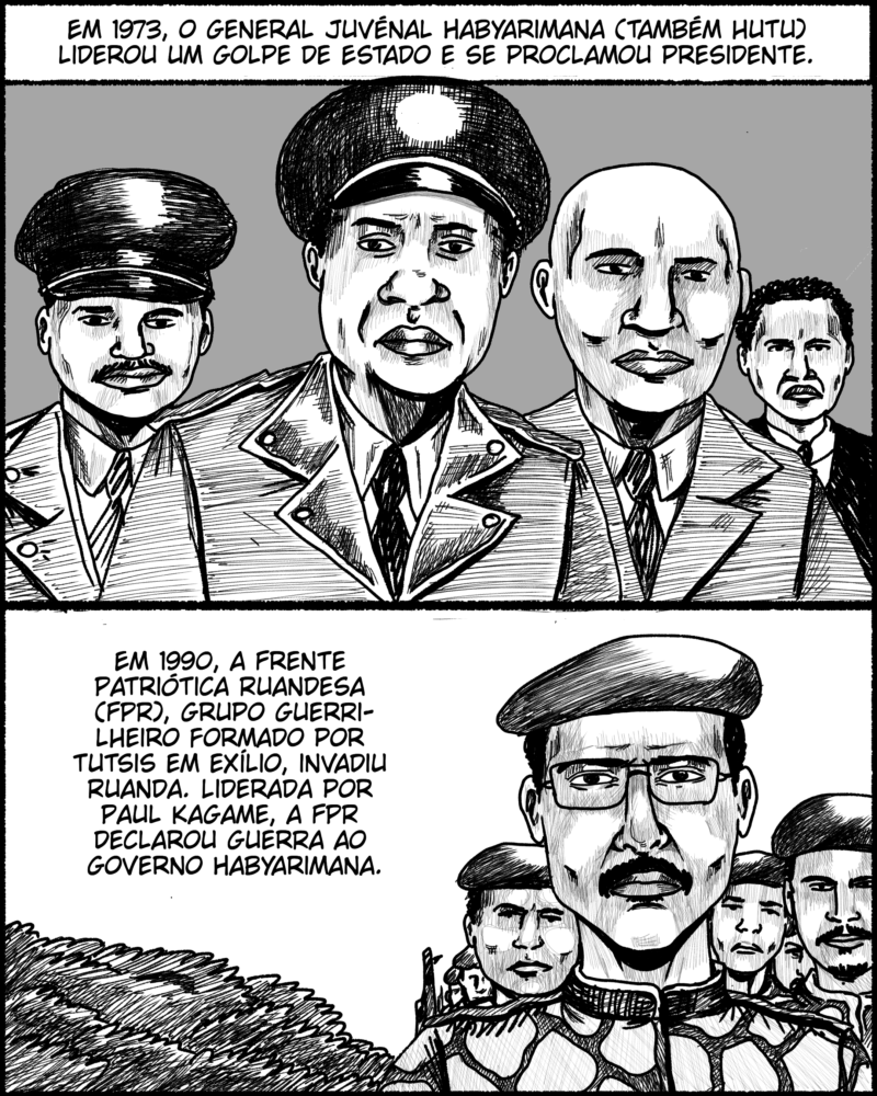 Em 1973, o general Juvénal Habyarimana deu um golpe de Estado e se proclamou presidente. Em 1990, a Frente Patriótica Ruandesa (FPR), grupo guerrilheiro formado por tutsis em diáspora, invadiu Ruanda. Liderada por Paul Kagame, a FPR declarou guerra ao governo de Habyarimana.