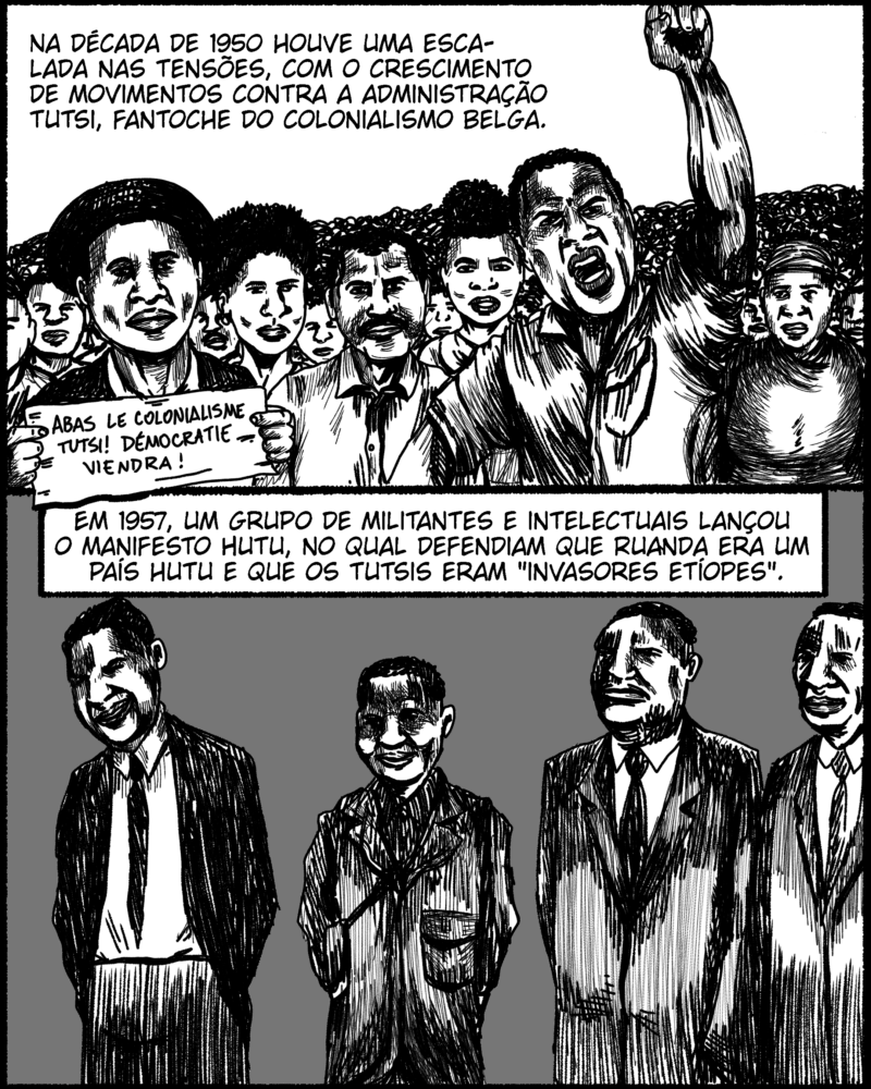 Na década de 1950 houve uma escalada nas tensões, com o crescimento de movimentos contra a administração tutsi, fantoche do colonialismo belga. Em 1957, um grupo de militantes e intelectuais lançou o Manifesto Hutu, no qual defendiam que Ruanda era um país hutu e que os tutsis eram invasores de origem etíope.