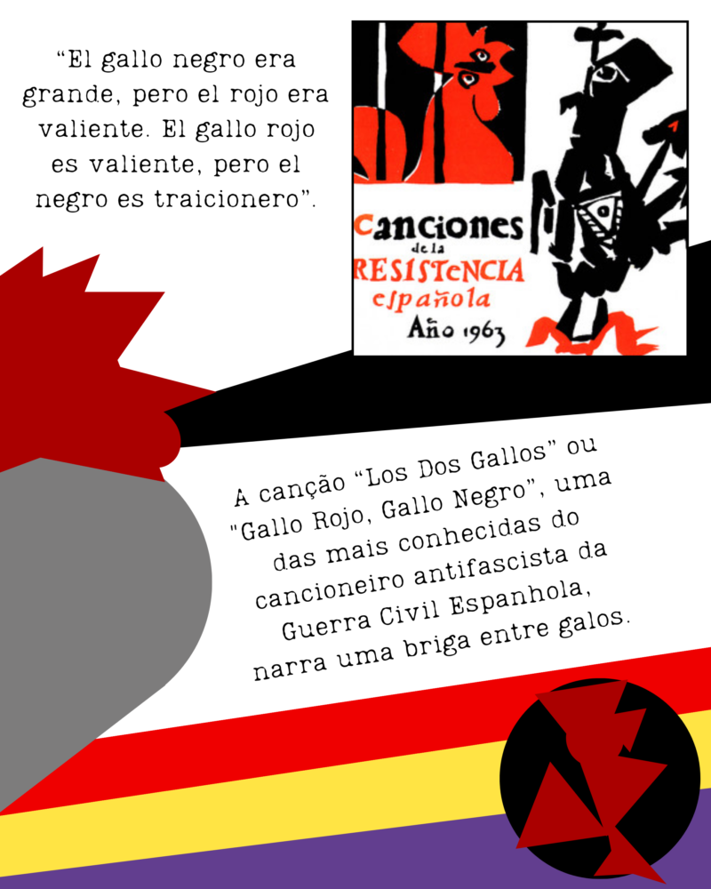El gallo negro era grande, pero el rojo era valiente. El gallo rojo es valiente, pero el negro es traicionero. A canção “Los Dos Gallos” ou "Gallo Rojo, Gallo Negro”, uma das mais conhecidas do cancioneiro antifascista da Guerra Civil Espanhola, narra uma briga entre galos.