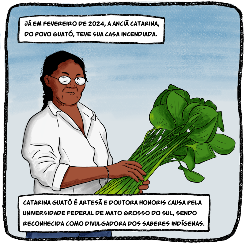 Já em fevereiro de 2024, a anciã Catarina, do povo guató, teve sua casa incendiada. Catarina Guató é artesã e doutora honoris causa pela Universidade Federal de Mato Grosso do Sul, sendo reconhecida como divulgadora dos saberes indígenas.