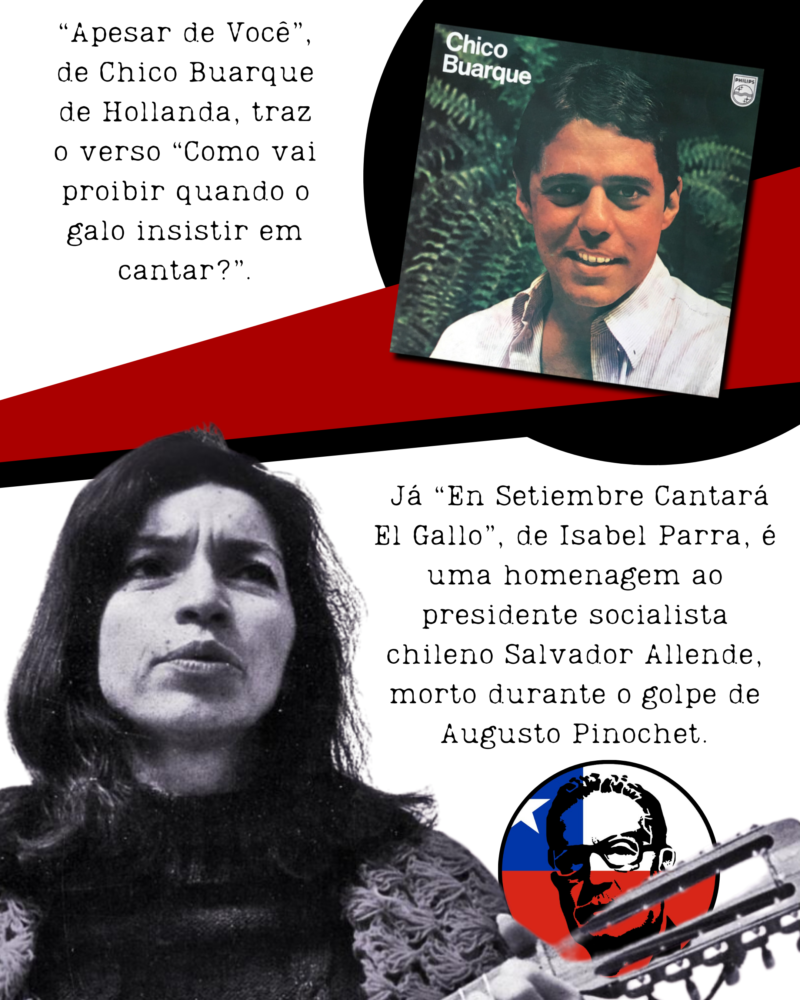 “Apesar de Você”, de Chico Buarque de Hollanda, traz o verso “Como vai proibir quando o galo insistir em cantar?”. Já “En Setiembre Cantará El Gallo”, de Isabel Parra, é uma homenagem ao presidente socialista chileno Salvador Allende, morto durante o golpe de Augusto Pinochet.