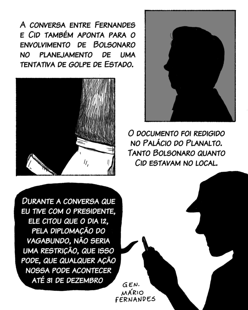 A conversa entre Fernandes e Cid também aponta para o envolvimento de Bolsonaro no planejamento de um golpe de Estado. O documento foi redigido no Palácio do Planalto. Tanto Bolsonaro quanto Cid estavam no local no dia. Fala de Fernandes: Durante a conversa que eu tive com o presidente, ele citou que o dia 12, pela diplomação do vagabundo, não seria uma restrição, que isso pode, que qualquer ação nossa pode acontecer até 31 de dezembro.