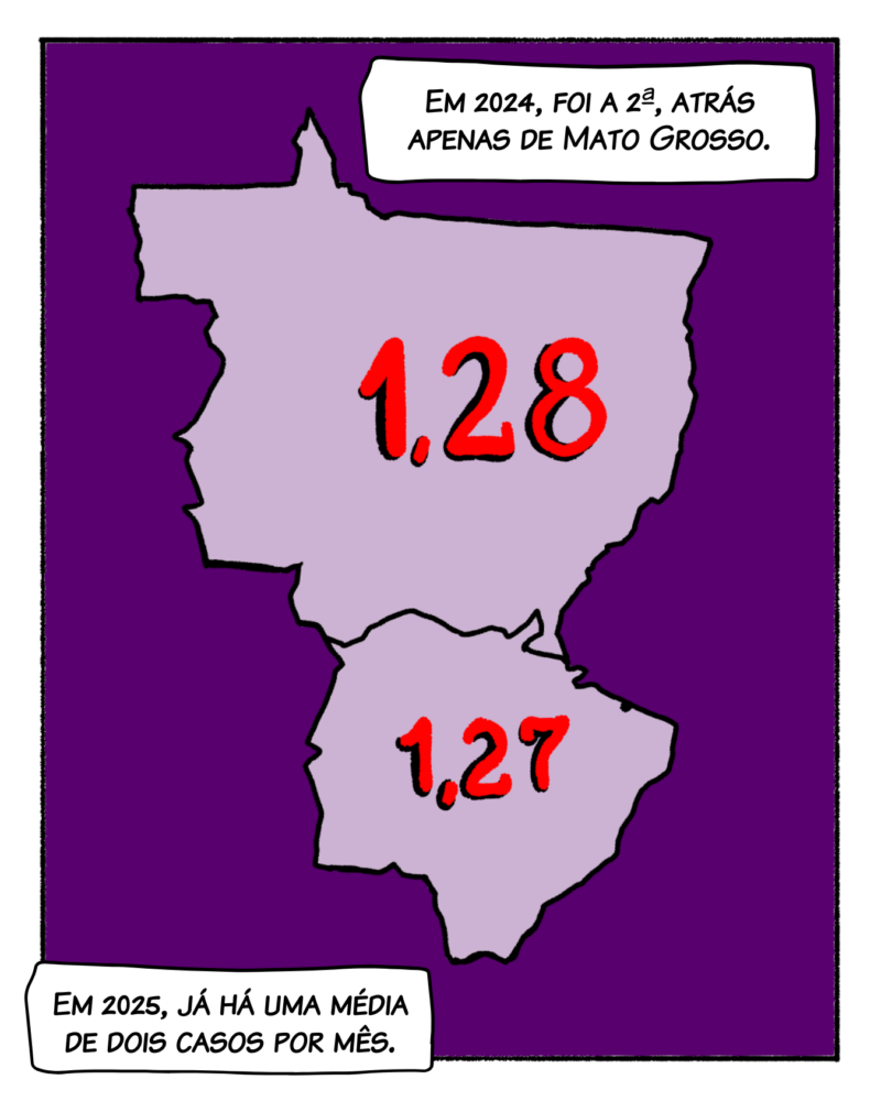 Em 2024, foi a segunda, atrás apenas de Mato Grosso. [Ilustração | Casos por 100 mil habitantes: Mapa de MS – 1,27 / Mapa de MT – 1,28] Em 2025, já há uma média de dois casos por mês.