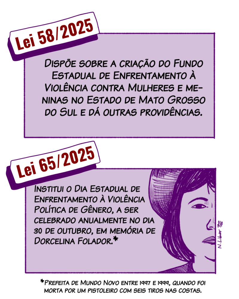 58/2025 Dispõe sobre a criação do Fundo Estadual de Enfrentamento à Violência contra Mulheres e meninas no Estado de Mato Grosso do Sul e dá outras providências. 65/2025 Institui o Dia Estadual de Enfrentamento à Violência Política de Gênero, a ser celebrado anualmente no dia 30 de outubro, em memória de Dorcelina Folador.* *Prefeita de Mundo Novo entre 1997 e 1999, quando foi morta por um pistoleiro com seis tiros nas costas