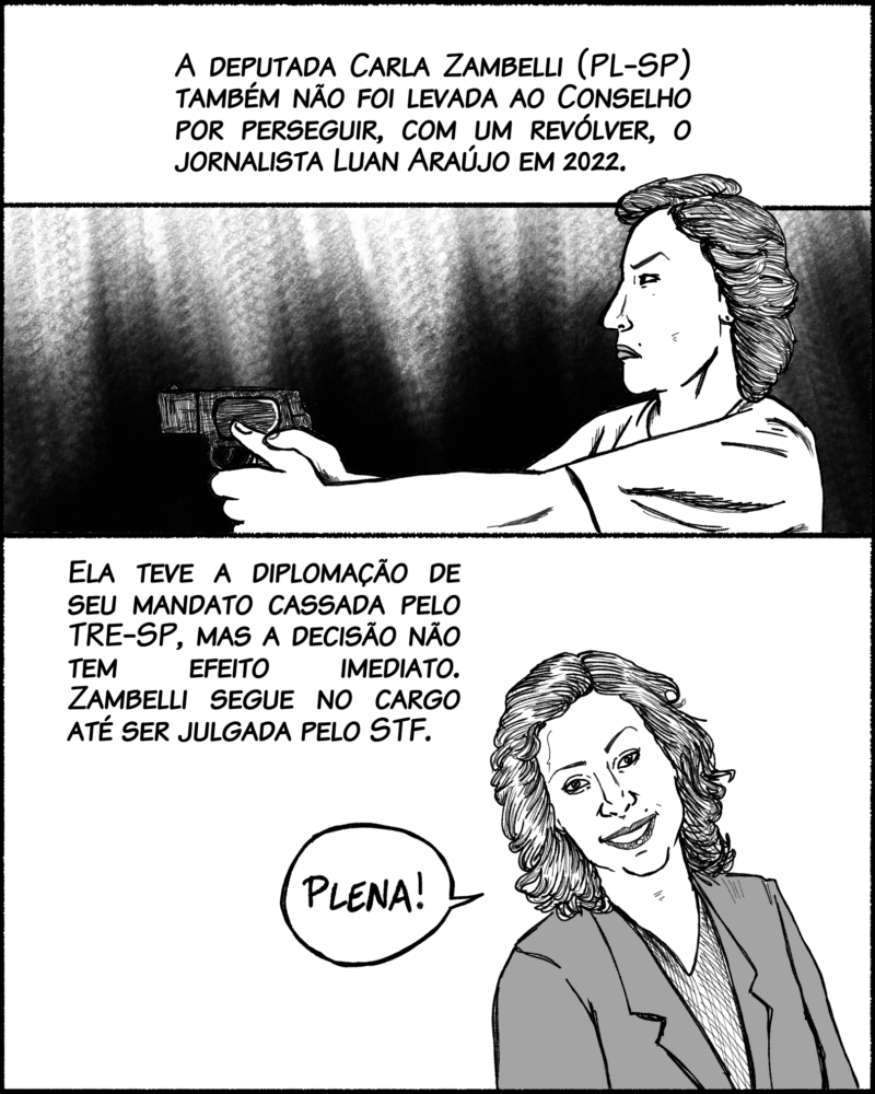 A deputada Carla Zambelli (PL-SP) também não foi levada ao Conselho por perseguir, com um revólver, o jornalista Luan Araújo em 2022. Ela teve a diplomação de seu mandato cassada pelo TRE-SP, mas a decisão não tem efeito imediato. Zambelli segue no cargo até ser julgada pelo STF.