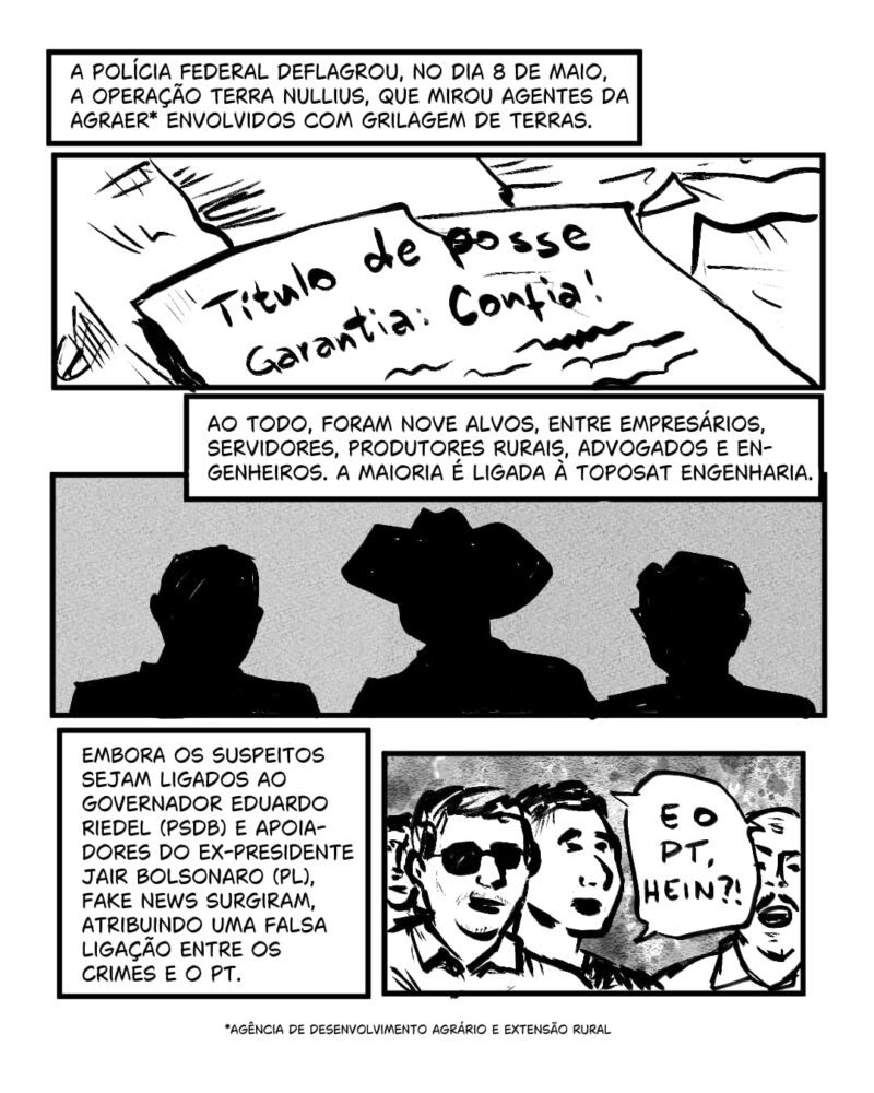 A Polícia Federal deflagrou, no dia 8 de maio, a Operação Terra Nullius, que mirou agentes da Agraer* envolvidos com grilagem de terras. Ao todo, foram nove alvos, entre empresários, servidores, produtores rurais, advogados e engenheiros. A maioria é ligada à empresa Toposat Engenharia. Embora os suspeitos sejam ligados ao governador Eduardo Riedel (PSDB) e apoiadores do ex-presidente Jair Bolsonaro (PL), fake news fizeram uma falsa ligação entre os crimes e o PT. Até mesmo um portal de notícias de ampla circulação em Mato Grosso do Sul reproduziu a mentira.
