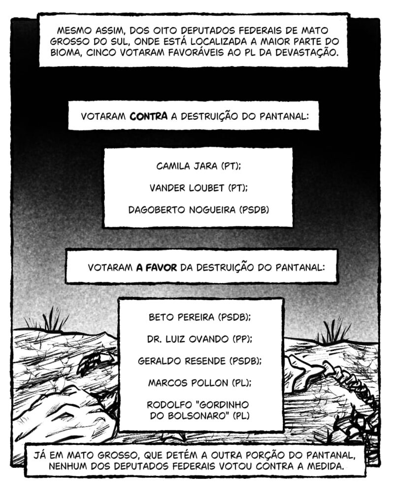 Mesmo assim, dos oito deputados federais de Mato Grosso do Sul, onde está localizada a maior parte do bioma, cinco votaram favoráveis ao PL da Devastação. [Diagrama: A favor da destruição do Pantanal | Beto Pereira (PSDB), Dr. Luiz Ovando (PP), Geraldo Resende (PSDB), Marcos Pollon (PL), Rodolfo “Gordinho do Bolsonaro” (PL) | Contra a destruição do Pantanal | Camila Jara (PT), Dagoberto Nogueira (PSDB), Vander Loubet (PT)] Já em Mato Grosso, que detém a outra porção do Pantanal, nenhum dos deputados federais votou contra a medida.