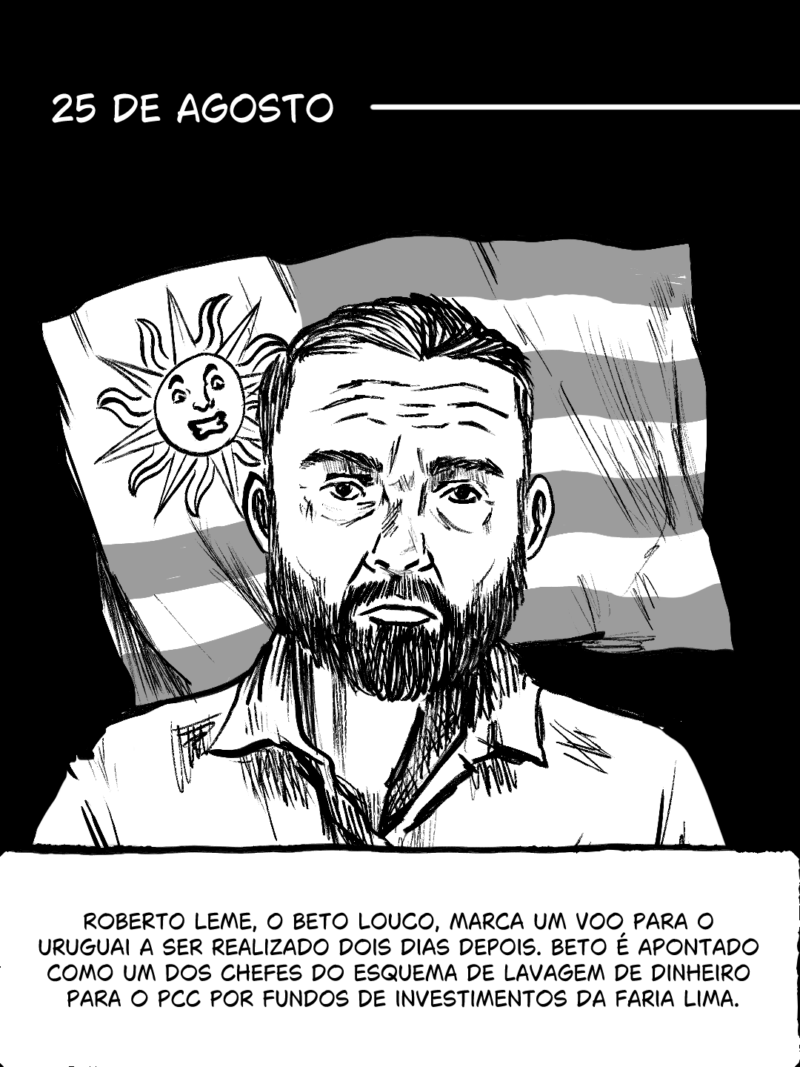 25 de agosto - Roberto Leme, o Beto Louco, marca um voo para o Uruguai a ser realizado dois dias depois. Beto é apontado como um dos chefes do esquema de lavagem de dinheiro para o PCC por fundos de investimentos da Faria Lima.
