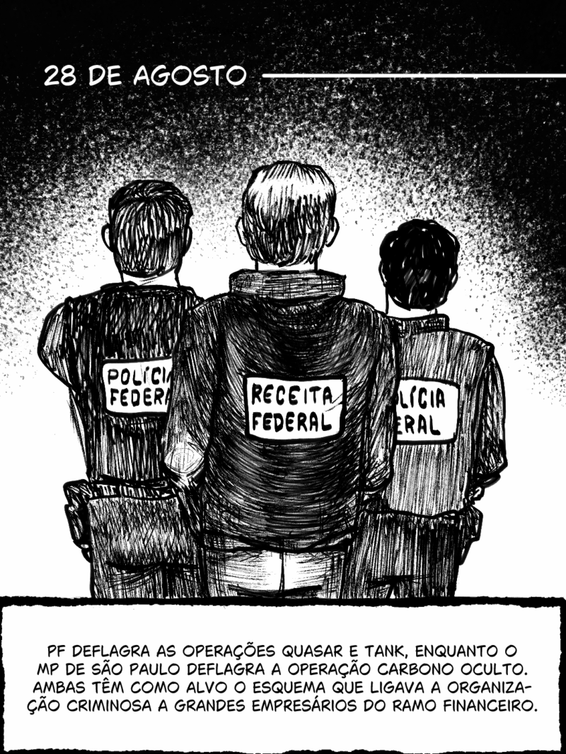 28 de agosto - PF deflagra as operações Quasar e Tank, enquanto o MP de São Paulo deflagra a Operação Carbono. Ambas têm como alvo o esquema que ligava a organização criminosa a grandes empresários do ramo financeiro.