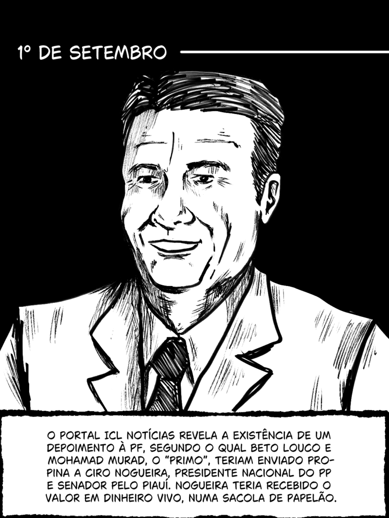 1º de setembro - O portal ICL Notícias revela a existência de um depoimento à PF, segundo o qual Beto Louco e Mohamad Murad, o “Primo”, teriam enviado propina a Ciro Nogueira, presidente nacional do PP e senador pelo Piauí. Nogueira teria recebido o valor em uma sacola.
