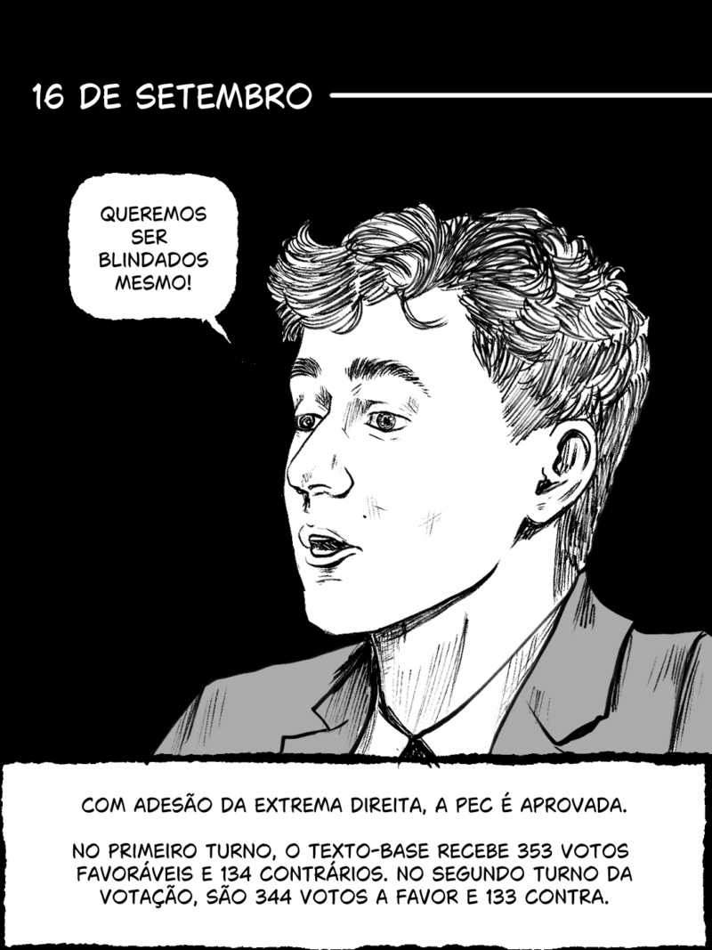 16 de setembro - Com adesão quase total da direita, a PEC é aprovada. No primeiro turno, o texto-base recebe 353 votos favoráveis e 134 contrários. No segundo turno, são 344 a favor e 133 contra.