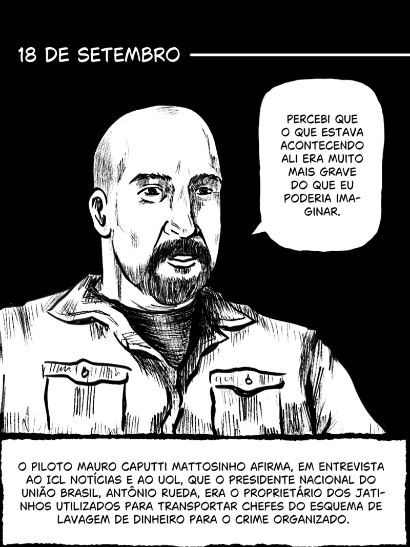 18 de setembro O piloto Mauro Caputti Mattosinho afirma, em entrevista ao ICL Notícias e ao UOL, que o presidente nacional do União Brasil, Antônio Rueda, era o proprietário dos jatinhos utilizados para transportar chefes do esquema de lavagem de dinheiro para o crime organizado.