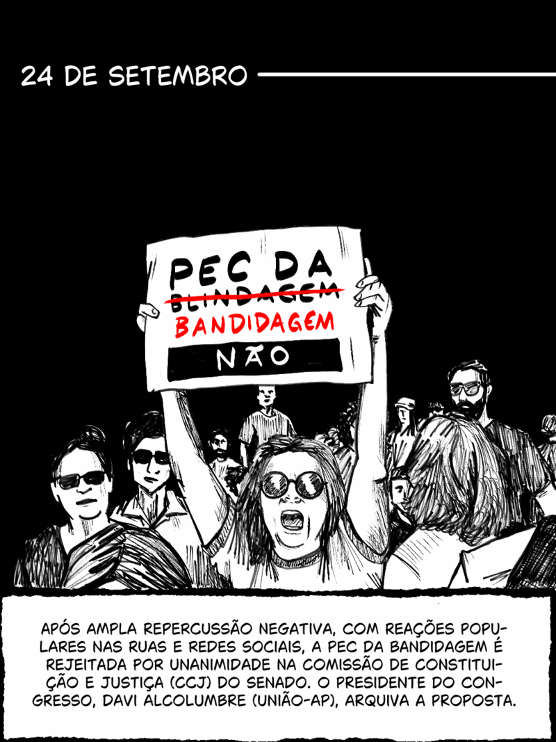 24 de setembro -Após ampla repercussão negativa, com reações populares nas ruas e redes sociais, a PEC da Bandidagem é rejeitada por unanimidade na Comissão de Constituição e Justiça (CCJ) do Senado. O presidente do Congresso, Davi Alcolumbre (União-AP), arquiva a proposta.